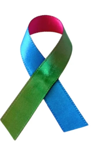 Ruban des maladies rares aux couleurs de la JIMR : rose, bleu et vert
